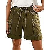 Flamingals Women’s Mid Rise Drawstring Cargo Shorts with Solid Multi Pocket & Roll Hem Casual Fashion Trendy Utility Shorts