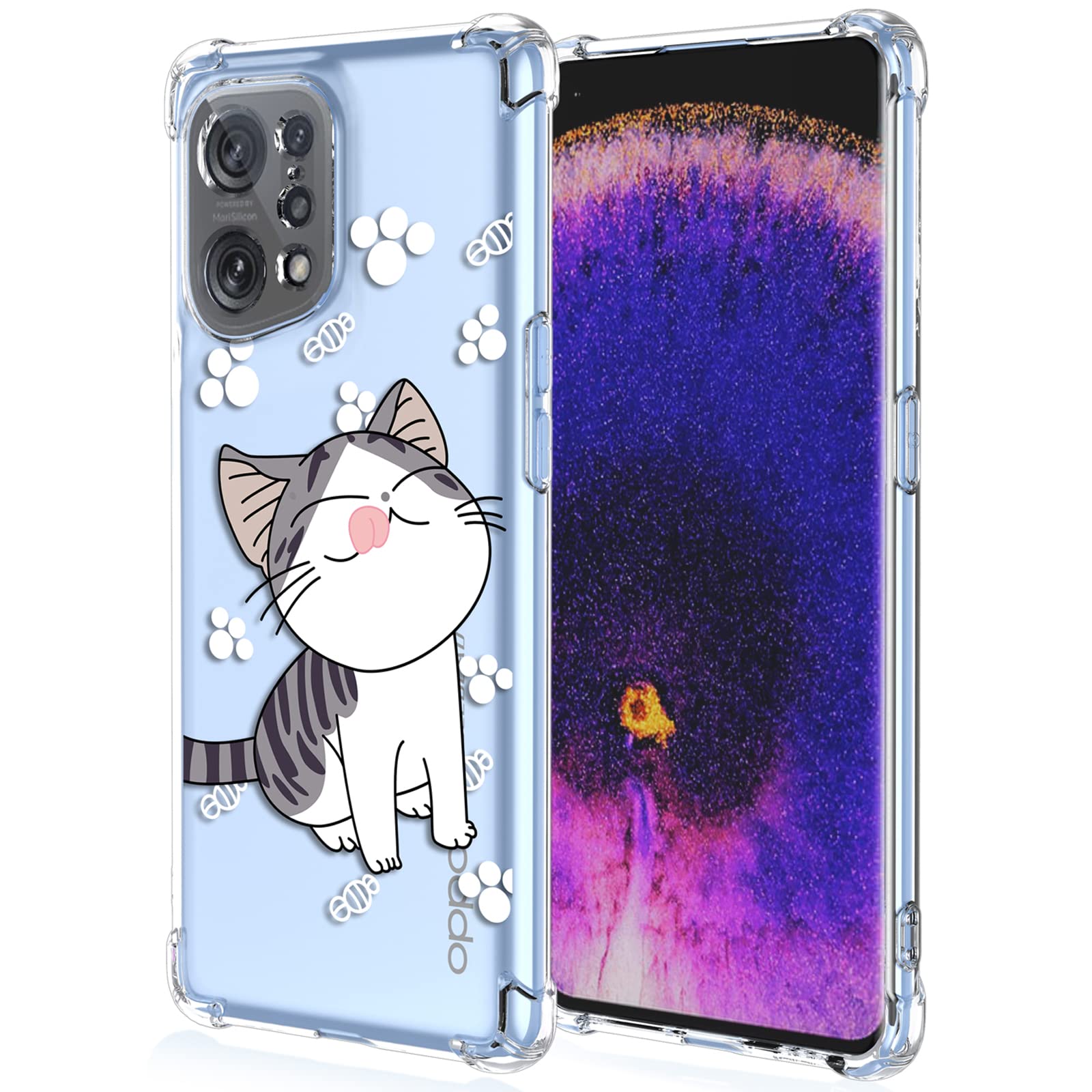 XINYEXIN Case for Oppo Find X5 Pro (6.7"), Painting Flower Pattern Clear Case Soft TPU Silicone Case Slim Shockproof Bumper Girl Women Phone Cover - Cat — image 1