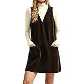 Athlisan Womens Corduroy V Neck Mini Dress A Line Pinafore Jumper Dress with Pockets