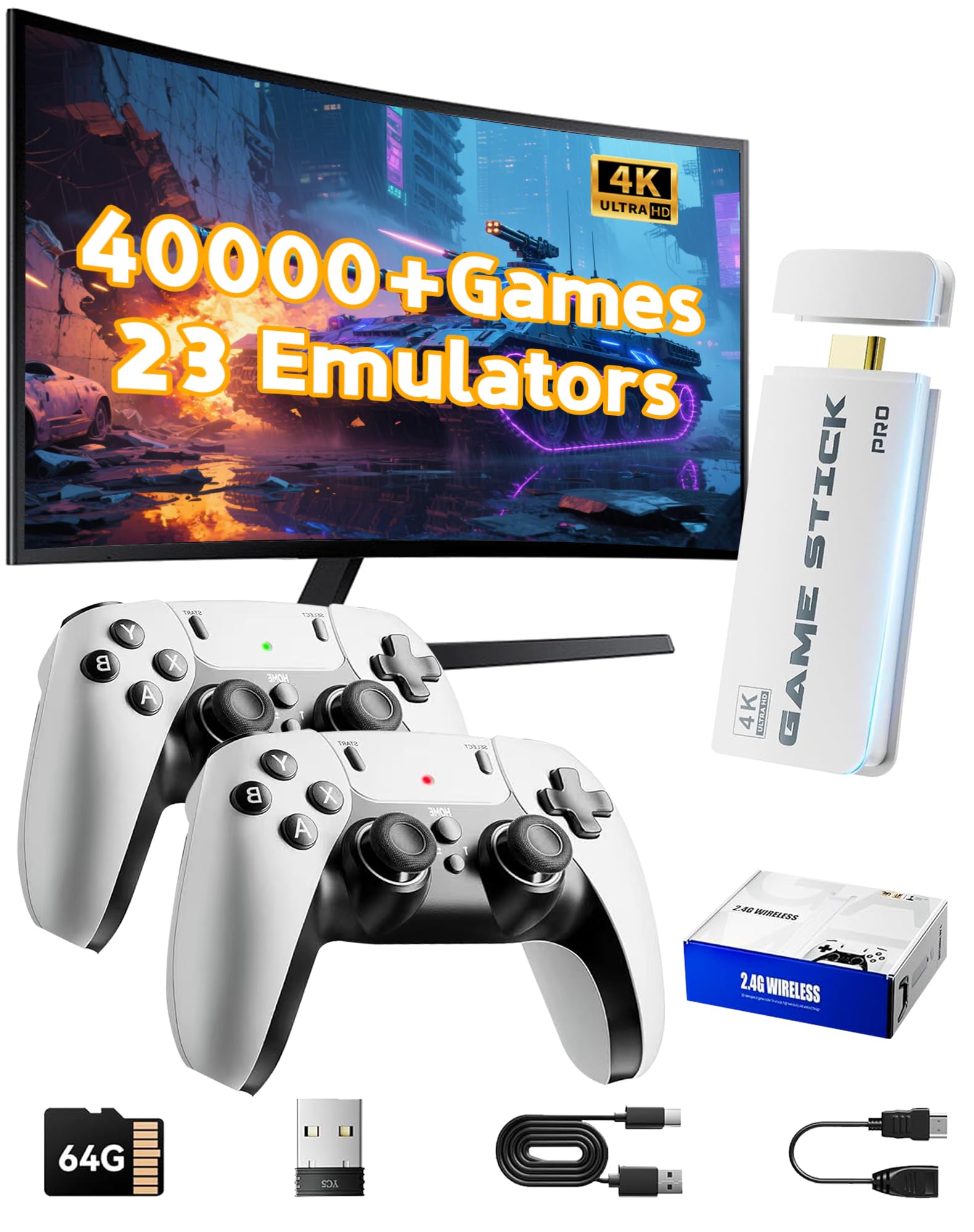 2026 Upgraded Retro Gaming Console Stick, Video Games Stick Built-in 23 Emulators Console Projector, 40000+ Game System with 4K HDMI, Plug and Play TV Video Game Stick with Controllers (White)