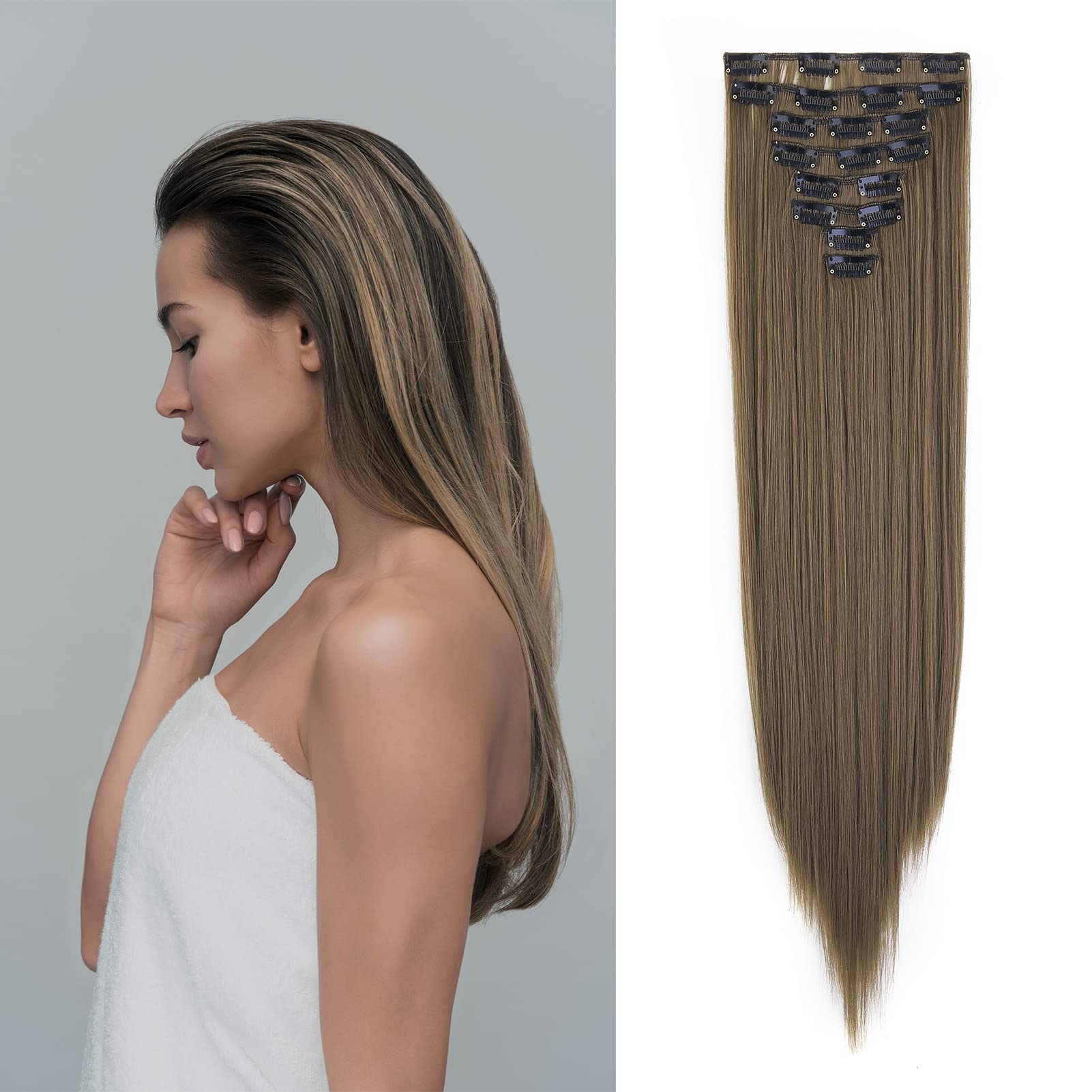 Gairyan 24inch Straight Clip in Hair Extensions Long Full Head Hair Extension 8PCS Synthetic Hairpiece Natural Look for Women (Golden Brown) โ image 1