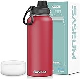 SASEUM Sport Water Bottle 32oz Stainless Steel Double Wall Vacuum Thermal Mug with Leak Proof Spout Lids, Wide Mouth Metal Insulated Water Jug for Gym and Travel(Red)