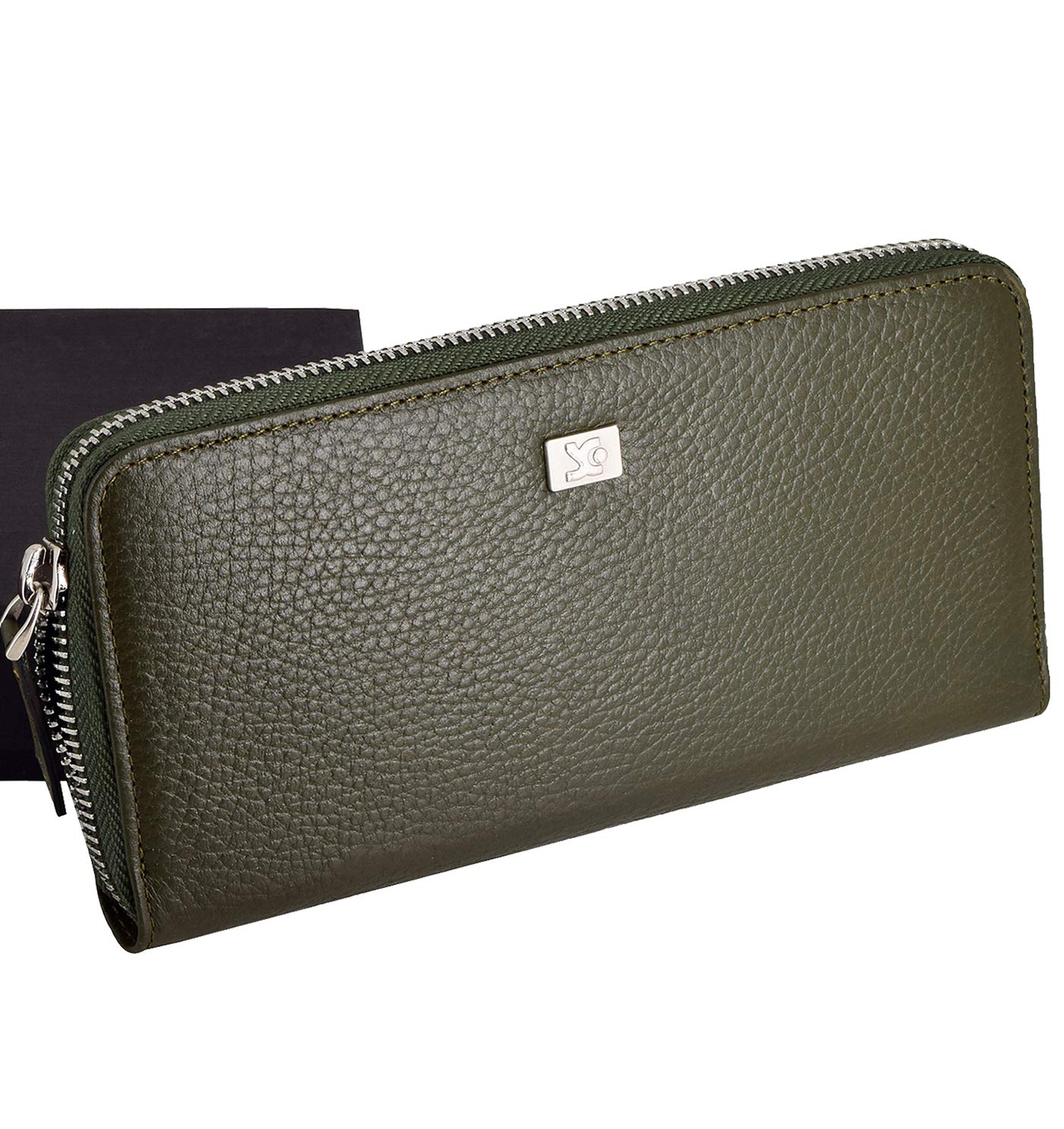 Suncase Women's Leather Wallet with Zip Wallet, Full grain khaki. (Green) - 161741427