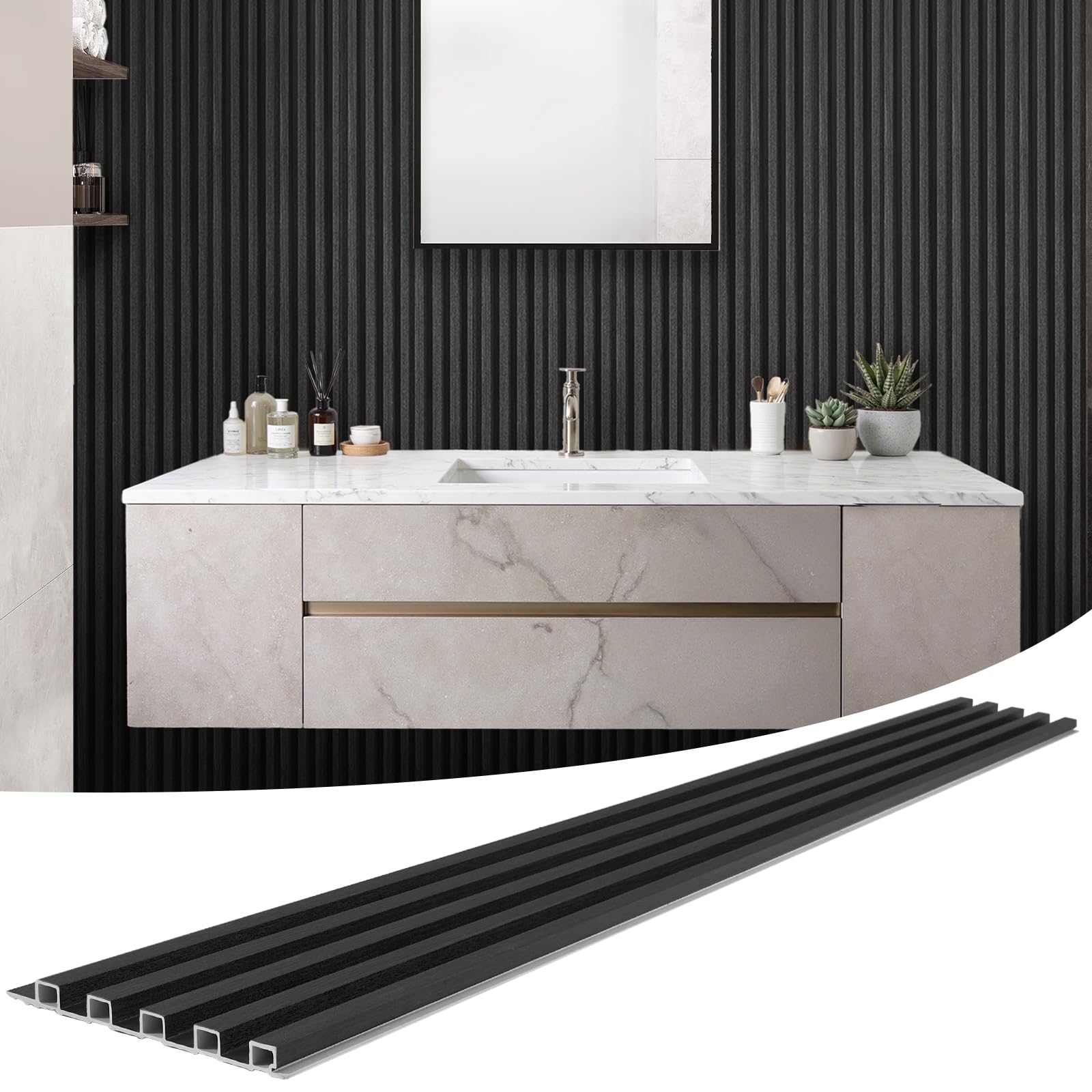 Photo 1 of *USED*
LARWORKS WPC Slat Wall Panels 8 Pack 96" x 8.2", Waterproof Fluted Wall Paneling, Accent 3D Wall Panel for Wall Decor, Bathroom, Bedroom, Office - Widen High Grille Black (Cover Approx.44 sq.ft)