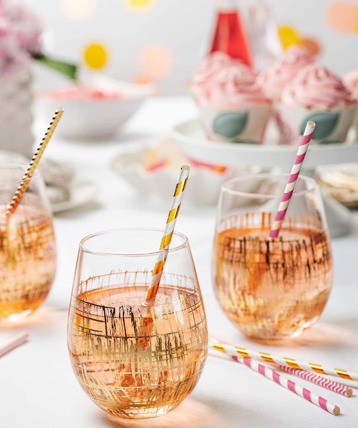 [200 Pack] Pink & Rose Gold Paper Drinking Straws 100% Biodegradable Multi-Pattern Party Straws…: Kitchen & Dining