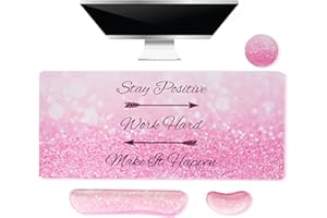 VAGAU Keyboard Mouse Pad Set, Large Gaming Mouse Pad + Keyboard Wrist Rest + Mouse Pad Wrist Support + Coaster, Extended Desk Mat, Ergonomic Memory Foam, Easy Typing Pain Relief-Pink Stay Positive