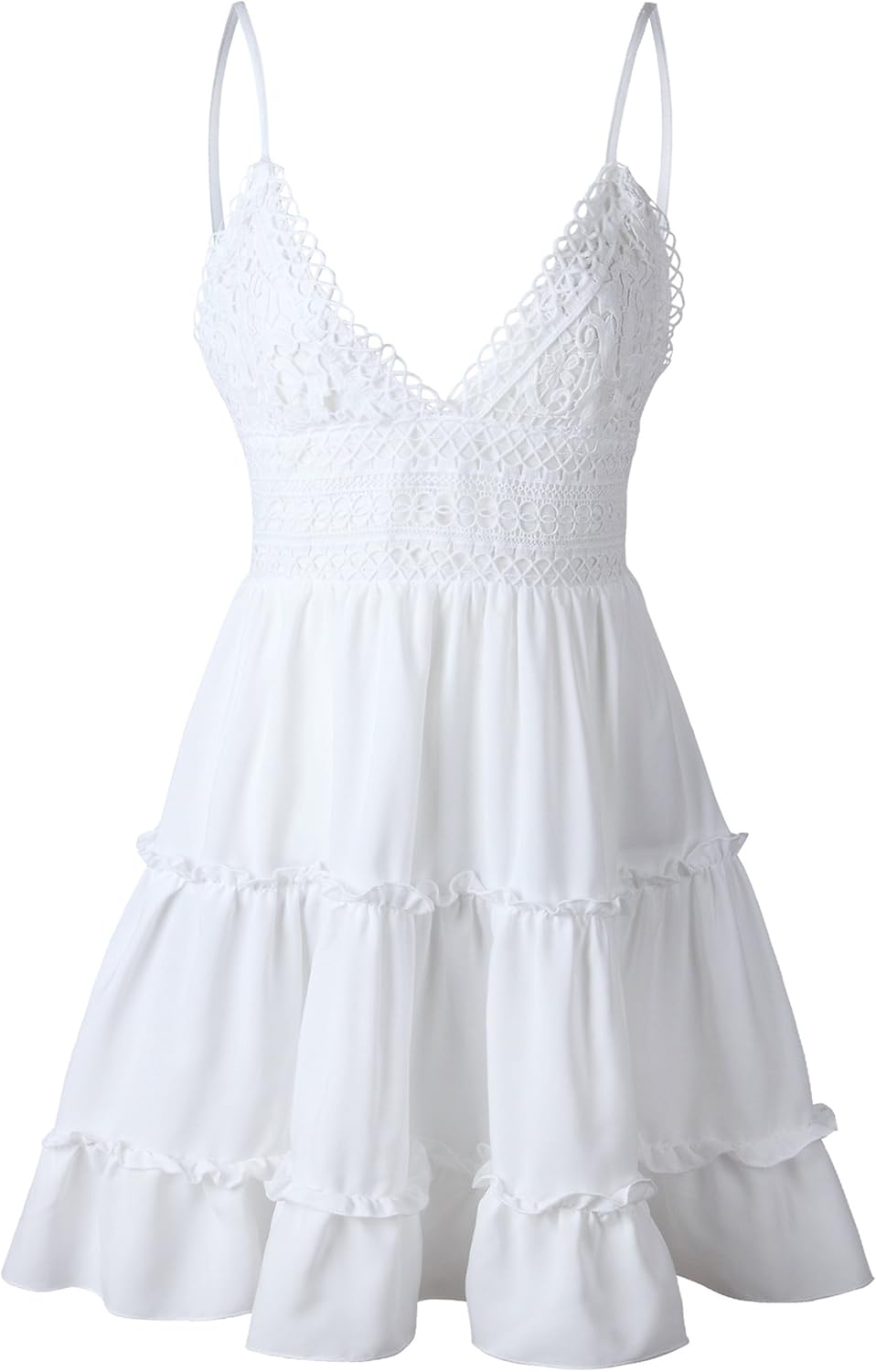 ECOWISH Womens V-Neck Spaghetti Strap Bowknot Backless Sleeveless Lace Mini Swing Skater Dress: Clothing