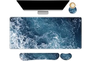 ARTSO Gaming Mouse Pad Extended, Keyboard Wrist Rest Pad & Wrist Support Abstract Mousepad Set, Non-Slip Base, Memory Foam Desk Mat, Ocean Waves
