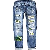 St. Patrick's Day Jeans Womens Shamrock Distressed Denim Patch Pants Festive Lucky Clover Printed Pants