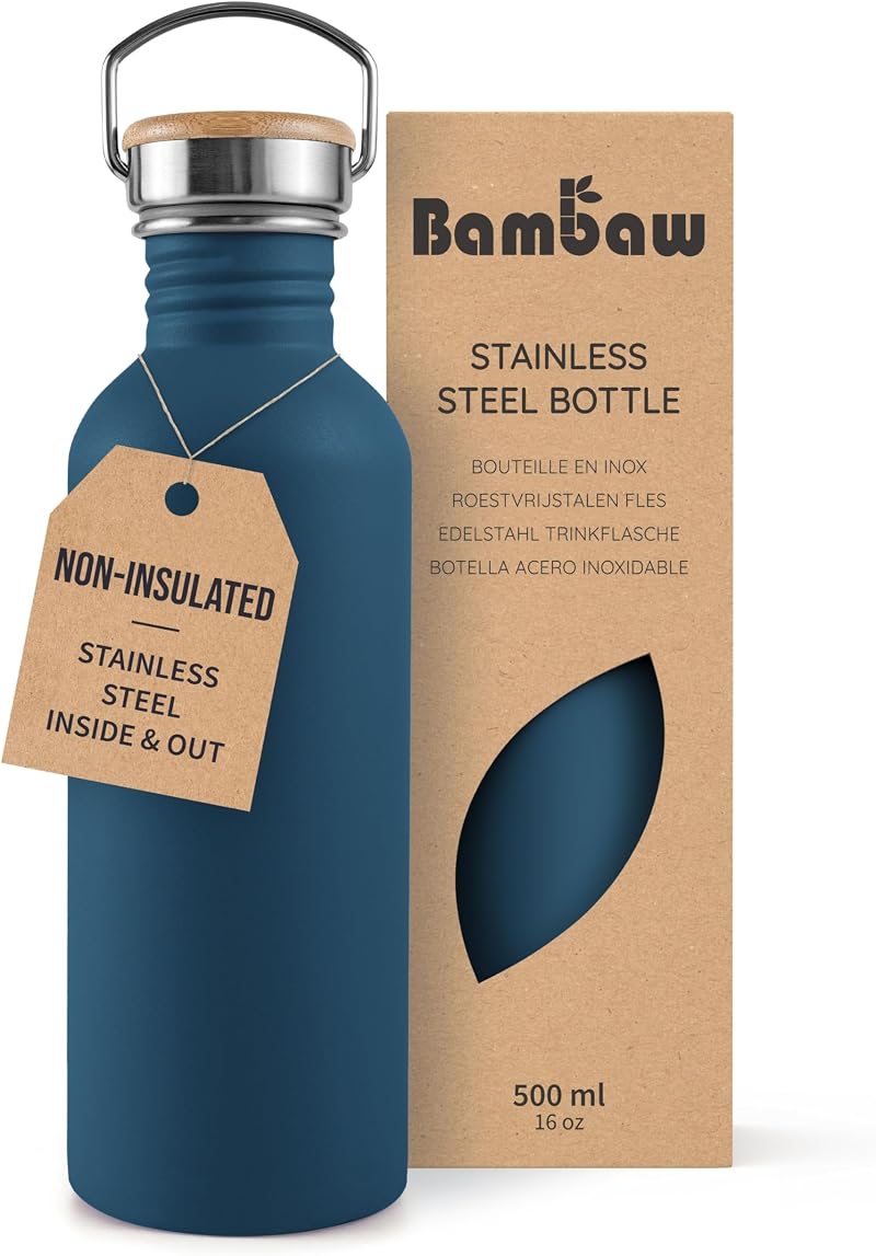 Bambaw Stainless Steel Water Bottle 500ml Blue Non-Insulated Leakproof