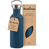 Bambaw Stainless Steel Water Bottle 16 oz, Navy Blue Sports Bottle, Non-Insulated Single Wall, Children's Small Metal Water Bottle, 500 ml, Reusable – Aegean Blue