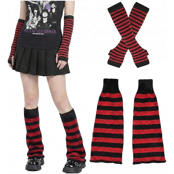 CHERSE Womens Leg Socks Arm Sleeve Red-Black Stripe Knit Y2K Arm