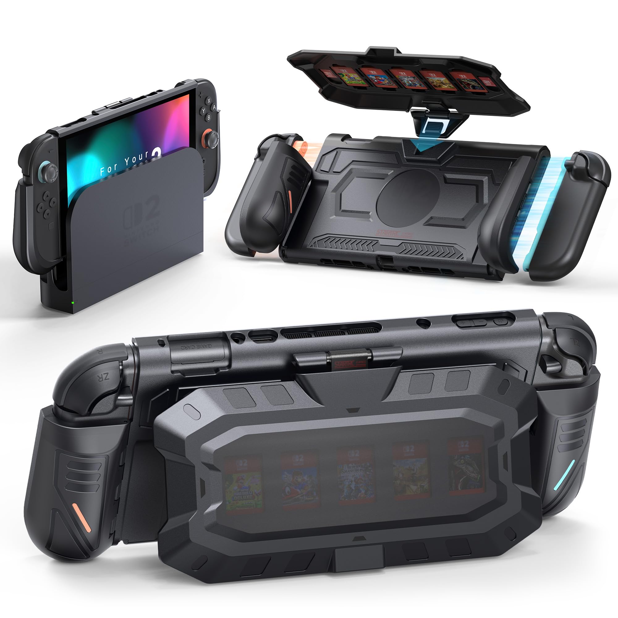 Dockable for Nintendo Switch 2 Case with Removable Flip Stand, Ergonomic Grip Cover with Quick-Release Joycons Design, Shockproof Switch 2 Protective Case with 5 Game Card Slots & 2 TF Card Slots