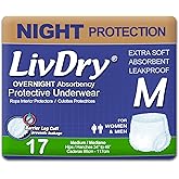 LivDry Adult M Incontinence Underwear, Overnight Comfort Absorbency, Leak Protection, Medium, 17-Pack
