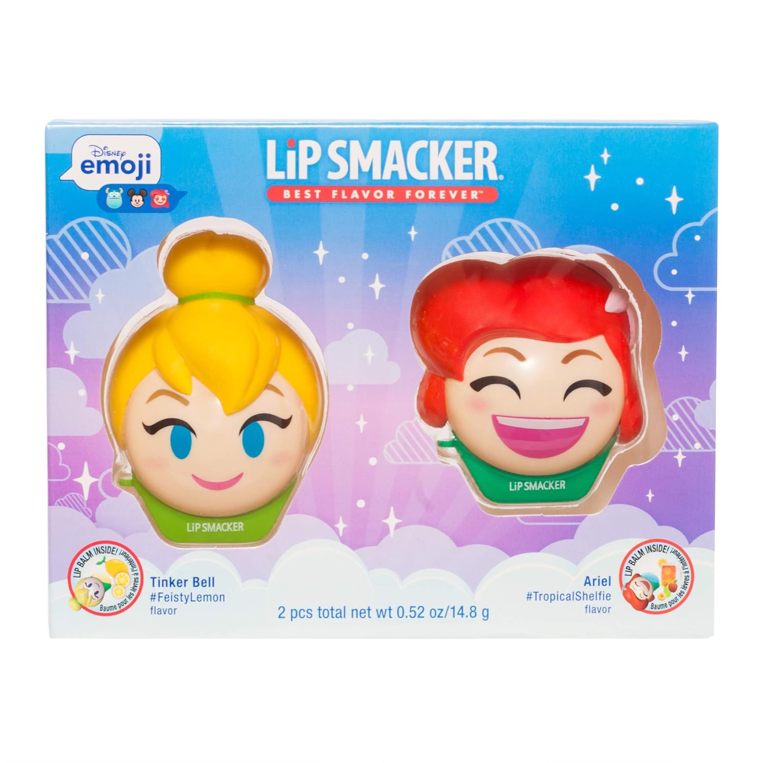 Lip Smacker Disney Emoji Lip Balm Duo, Tinkerbell & Ariel, Feisty Lemon & Tropical Shellfie Flavor : Beauty