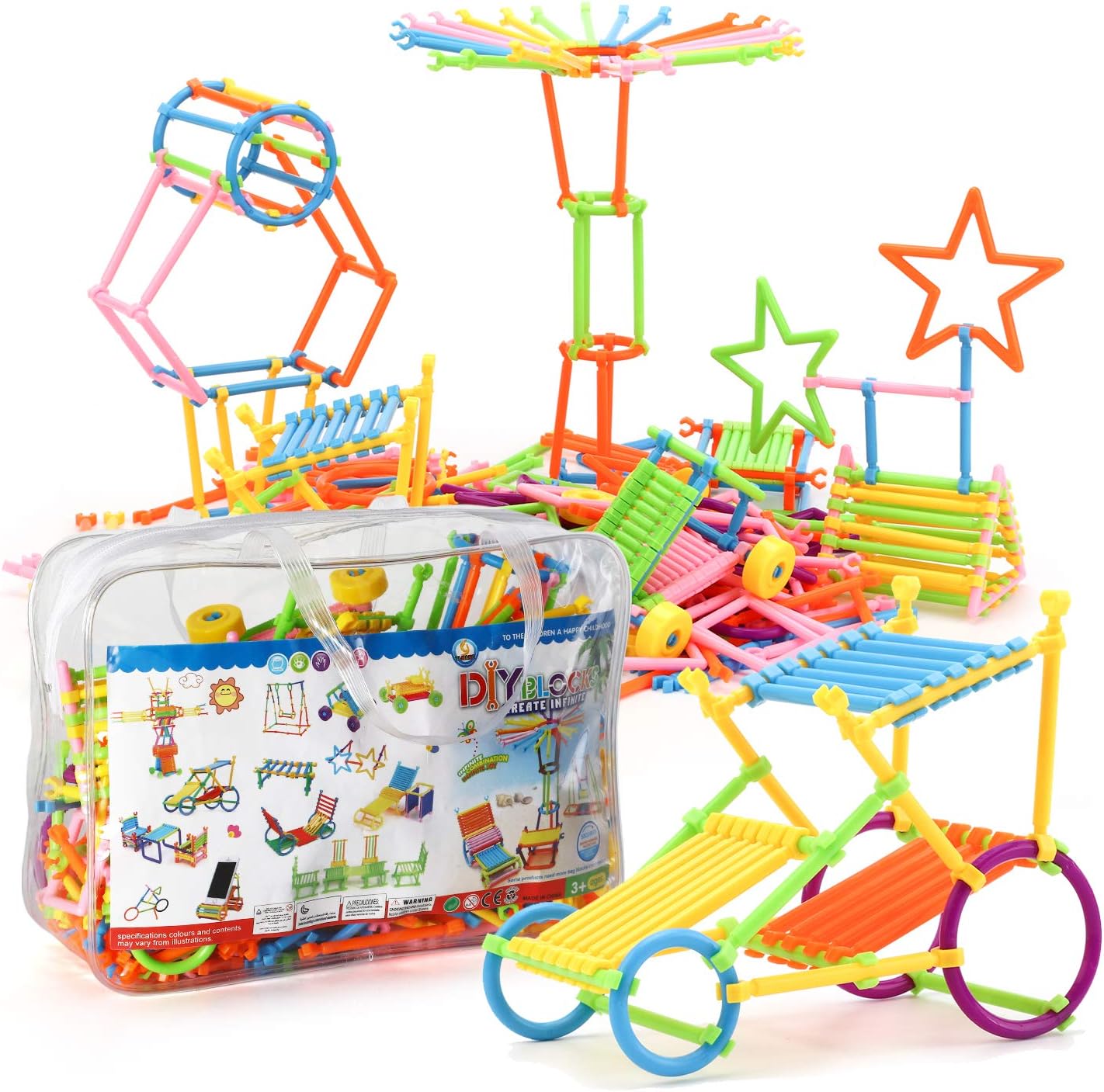Glonova Building Toy Building Blocks Bars Different Shape Educational Construction Engineering Set 3D Puzzle Connecting Kit, 480+pcs Set,with Carry Storage Bag