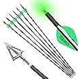 KEAUP 31 inch Carbon Hunting Arrows with 100 Grain Broadheads and .244/6.2mm Lighted Nocks Set, 6-Pack Hunting Compound Bow and Recurve Bow Shaft Spine 300/350/400/500