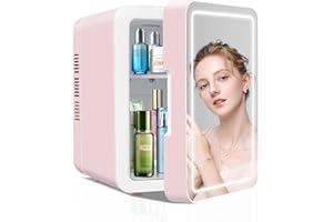BOGDA Mini Skincare Fridge (4 Liter/6 Can) with Dimmable LED Light Mirror, Cooler and Warmer for Refrigerating Make Up, Skin Care and Food, Portable Mini Fridge for Bedroom, Office and Car, Pink