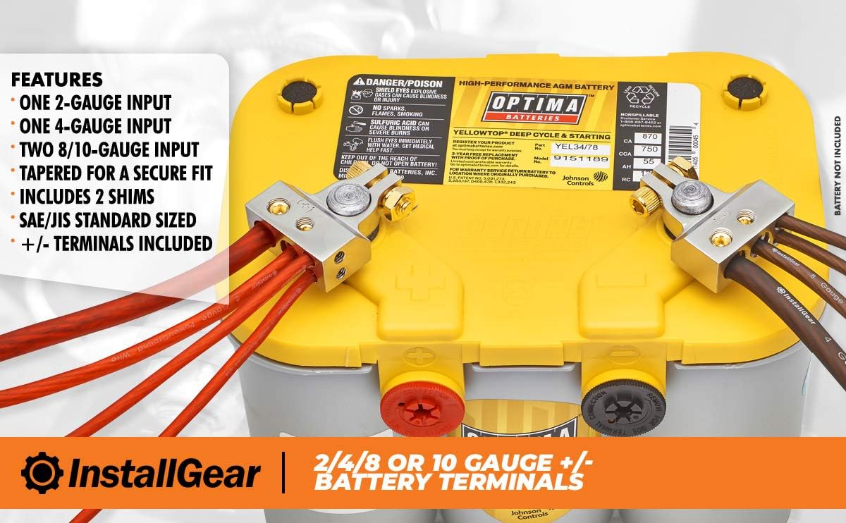 InstallGear 2/4/8/10 Gauge AWG Positive & Negative Battery Terminal Clamp and Shims (Pair): Automotive