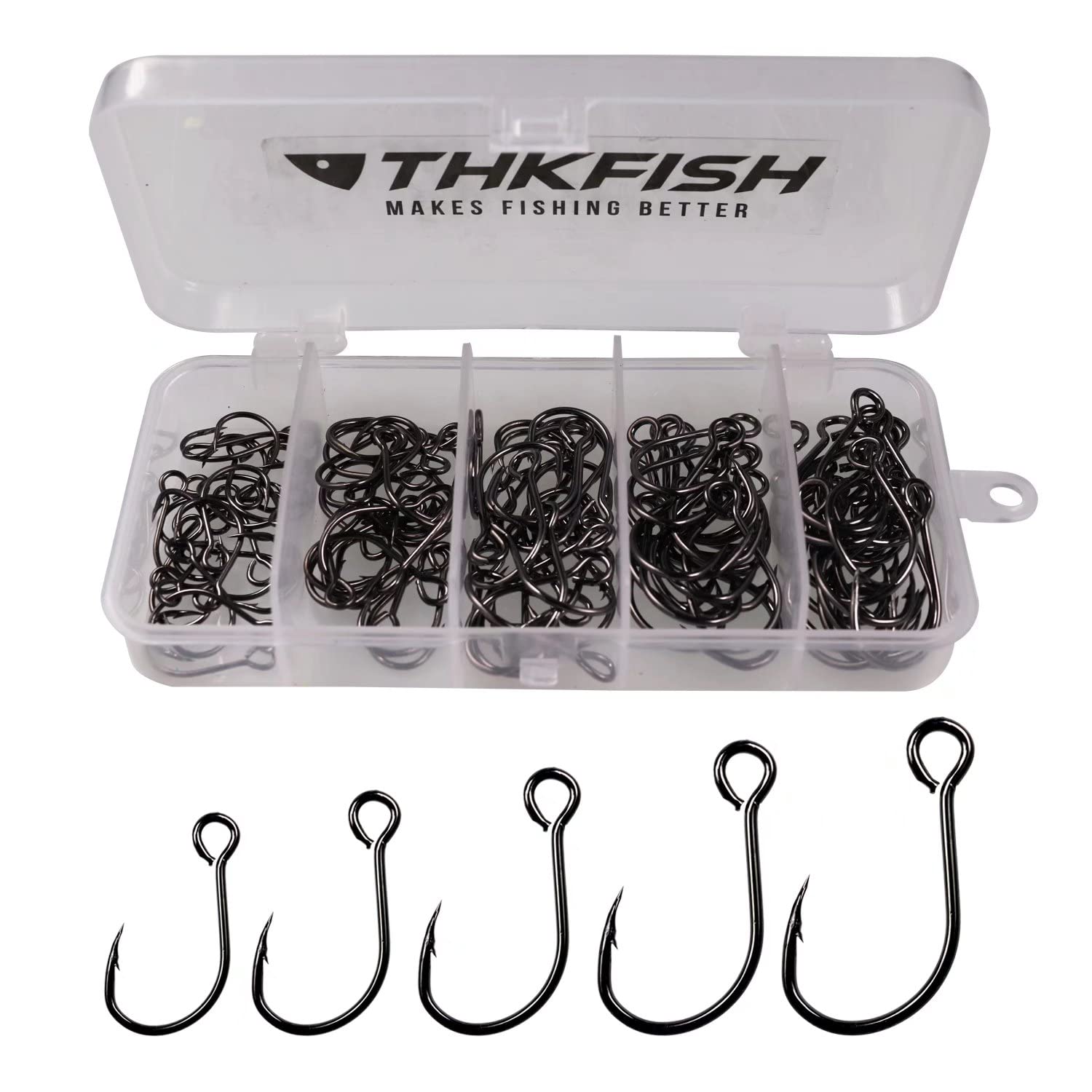 THKFISH 100pcs/Box Inline Single Hooks Replacement Fishing Hooks for Lures Baits Inline Circle Hooks Large Eye with Barbed Saltwater freshwater #2#1 1/0 2/0 3/0 Black
