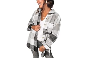 SHEWIN Womens Long Sleeve Plaid Shirts Flannel Lapel Button Down Shacket Jacket Coats