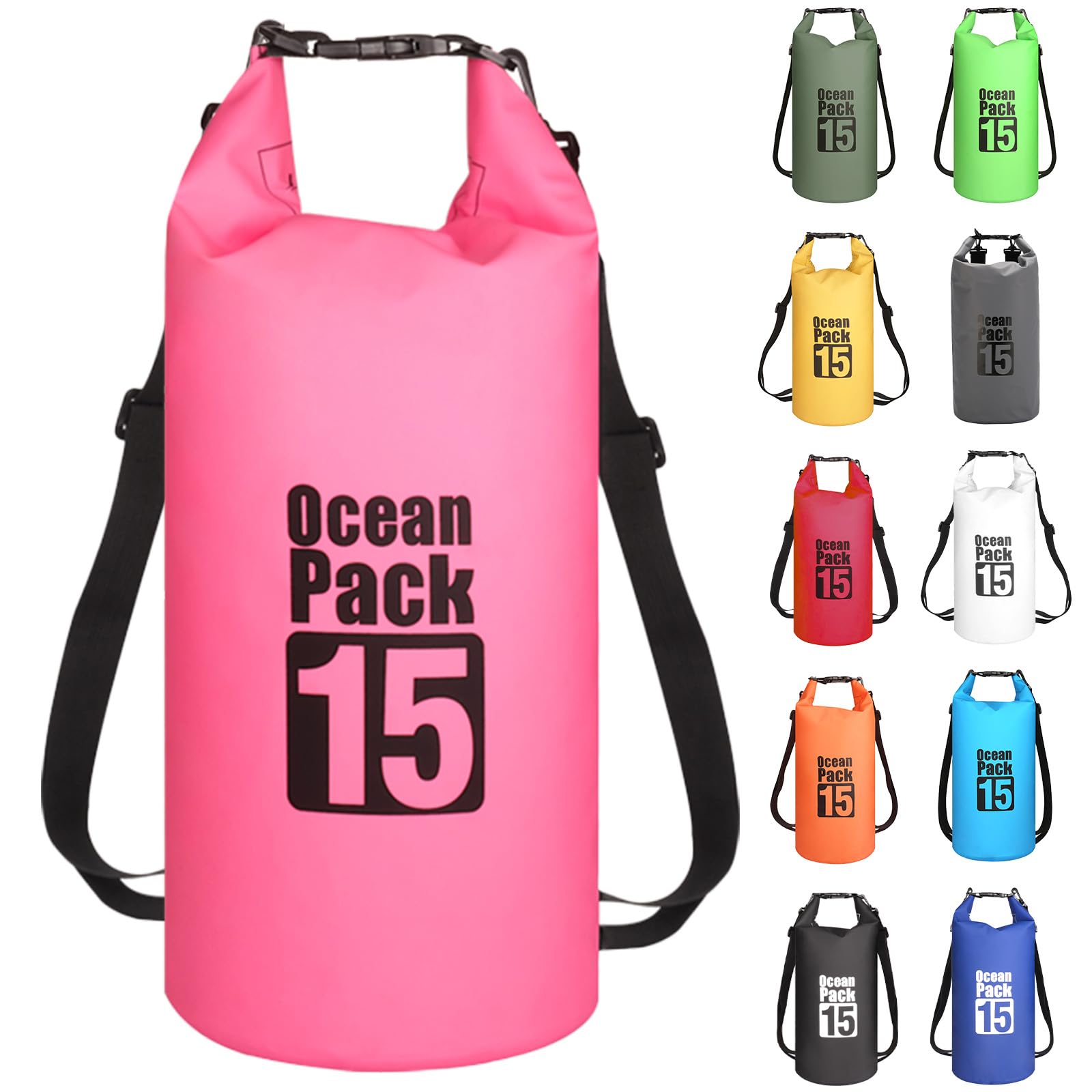 MORAINJAY 15L Rose Red Dry Bag,Waterproof Bag with Double Adjustable Shoulder Strap,Middle Capacity Dry Sack 2L 5L 10L 15L 20L 30L for Outdoor Camping,Rafting,Swimming,Boating,Surfing