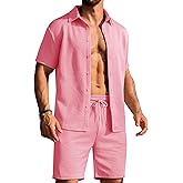 URRU Men's Shirt and Shorts Set Summer Outfits Short Sleeve Casual Button Down 2 Piece Shorts Set