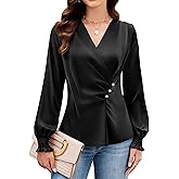Blooming Jelly Womens Business Casual Blouses Dressy Work Tops Fall Fashion 2026 V Neck Pleated Long Sleeve Shirts