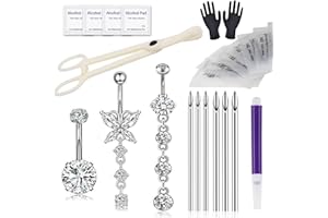 Yugui Belly Button Piercing Kit - Body Piercing Kit with Navel Rings Piercing Pliers Disposable 12G 14G Stainless Steel Piercing Needles Tools for DIY Piercing Self Belly Piercing Kit, Silver/Gold