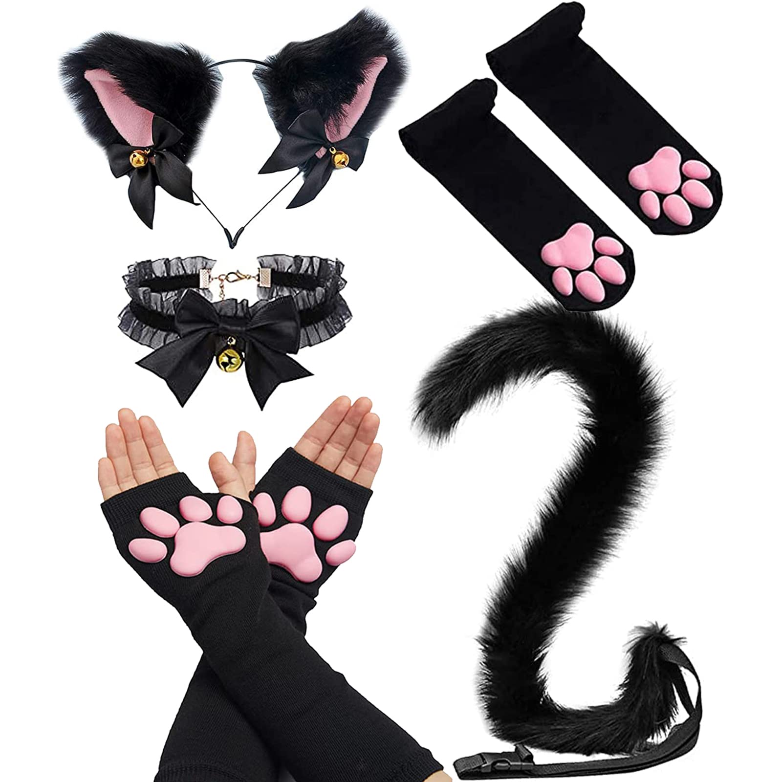 SIROLISA Cat Paw Gloves Mittens with Cat Ears Mask Cute Cat Paw Toe Beans Socks for Women Girls Halloween Cat Cosplay