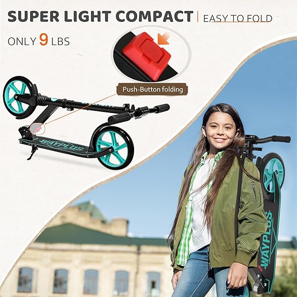 WAYPLUS AQUAS KICK SCOOTER FOR KIDS, TEENS & ADULTS – FOLDABLE, LIGHTWEIGHT, 8-INCH NON-SLIP DECK, ABEC9 BEARINGS, ADJUSTABLE HEIGHT, LIFETIME SERVICE