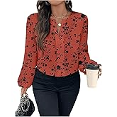 winkbay Women's Plus Size Floral Lantern Long Sleeve Blouse Fall Notched V Neck Work Office Tops