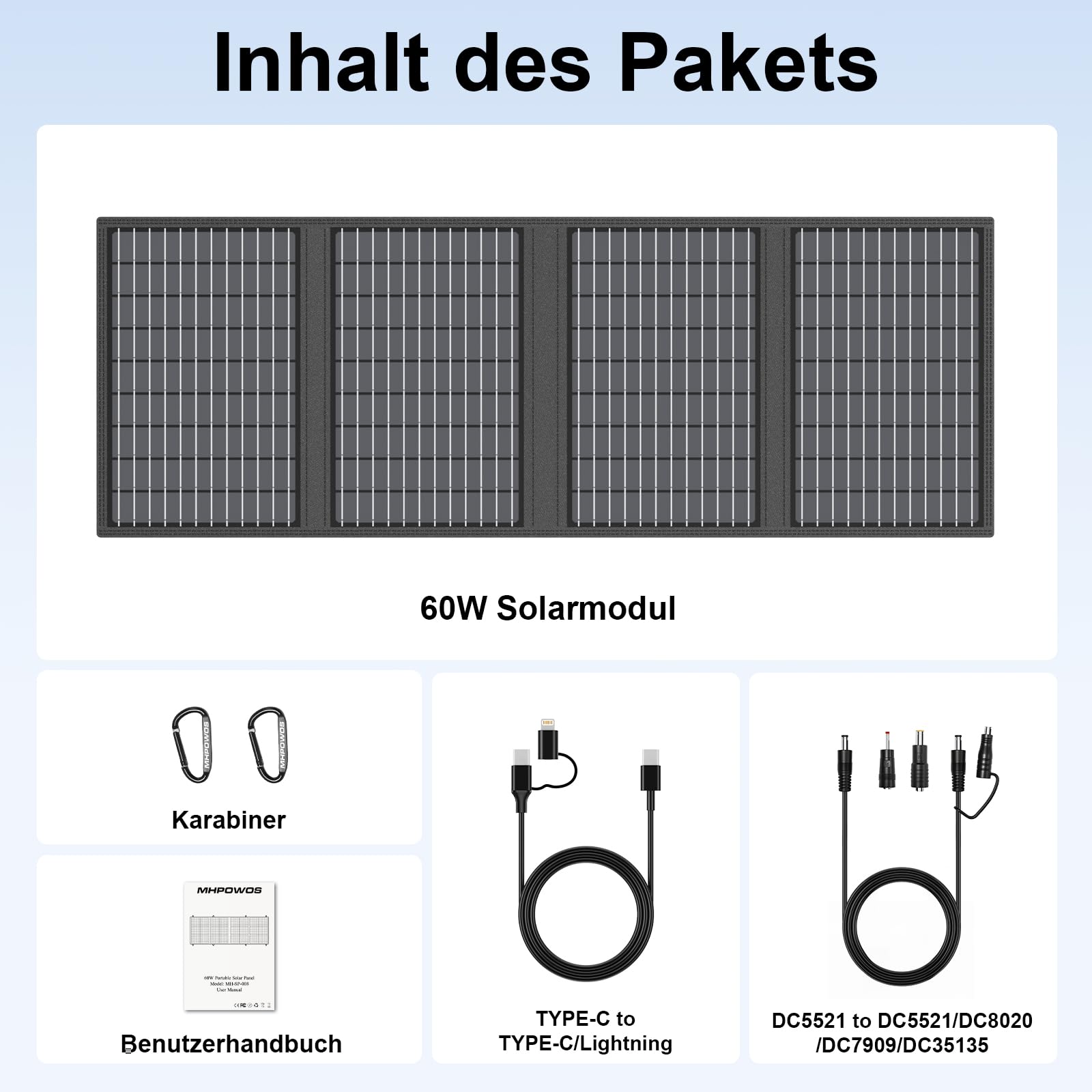 MHPOWOS 60W Tragbares Solarladegerät mit Ständer, Faltbares Solarpanel mit USB-C, USB-A und DC-Ausgängen, für Camping, Wandern, Notstromversorgung für Kleine Stromgeneratoren, Telefone, Powerbanks 7