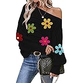Cakulo Womens Off Shoulder Sweater Top Fall Outfits Fashion 2025 Oversized Knit Batwing Long Sleeve Crochet Flower Sweaters
