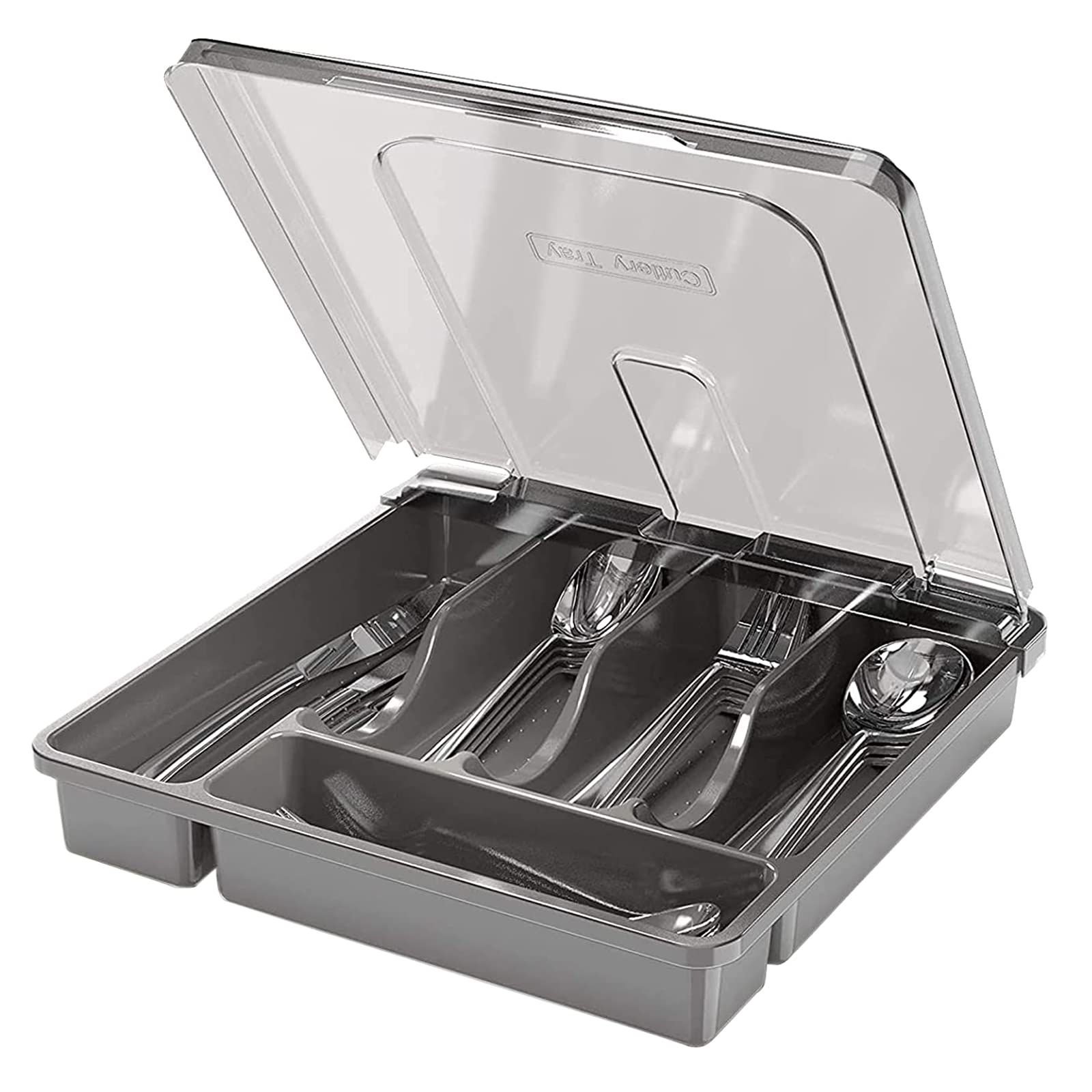 HIMAugbo Cutlery Tray with Lid, Portable Cutlery Tray for Drawers, Knife, Fork, Spoon, Compact Cutlery Tray for Camping, Travel, 30 x 30 x 7 cm, Black