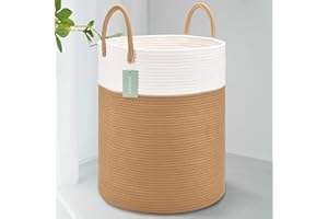 BOSROTY Large Blanket Basket, Tall Laundry Basket 65L, Nursery Hamper, Laundry Hamper, Clothes Basket Laundry, Large Storage Basket, Cotton Rope Basket, Toy Basket, 16”x 20”, White & Jute