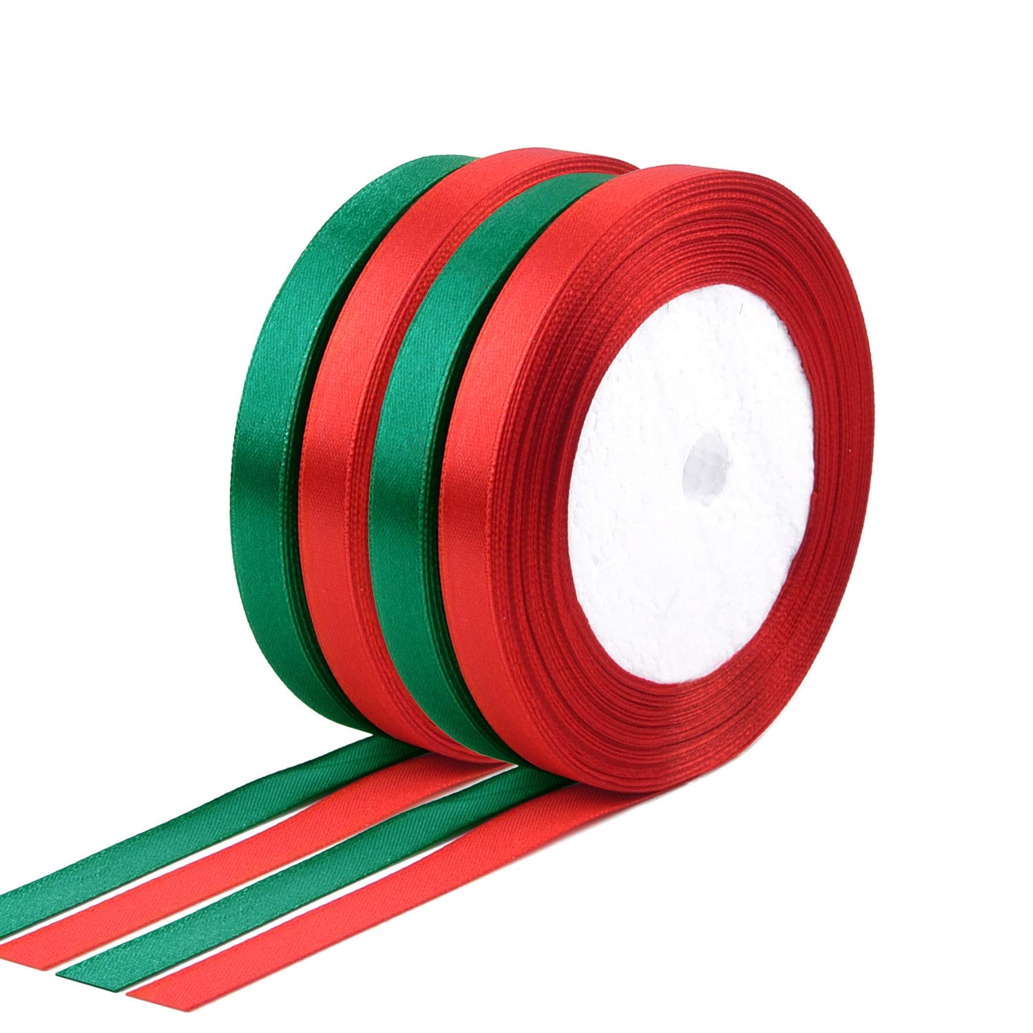 FEPITO 4 Pcs 10mm Satin Ribbon - Red & Green Christmas Ribbons for Gift Wrapping & Crafts (2 Red, 2 Green)