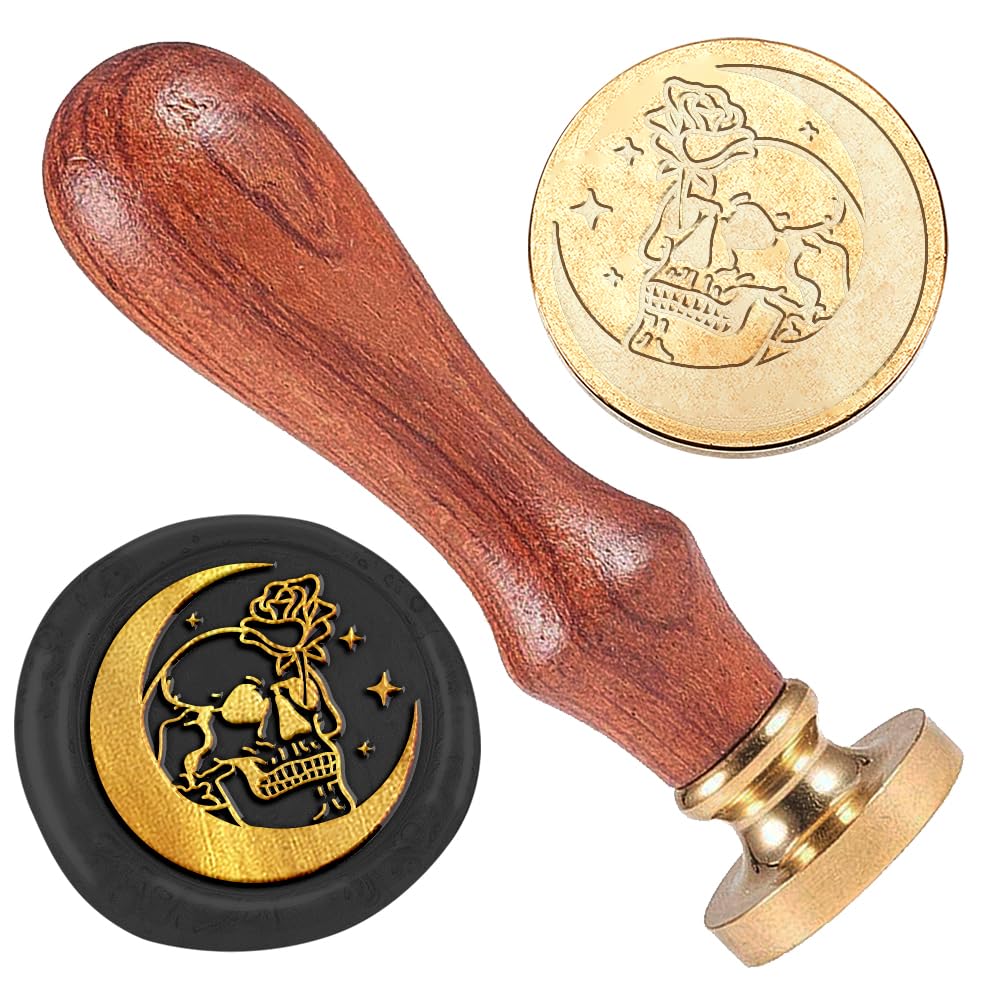 DELORIGIN Halloween Moon Skull Wax Seal Stamp Embossed Stamp Sealing Removable 1" Brass Wax Seal Stamp Head with Wooden Handle for Party Invitations Envelopes Gift Packing Cards Envelopes Decoration