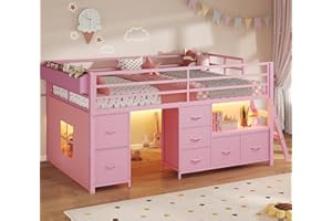 Low Loft Bed Twin Size with 7 Storage Drawers, Bookcase and LED Lights, Metal Kids Loft Bed with 14" H Safety Guardrail,Incli