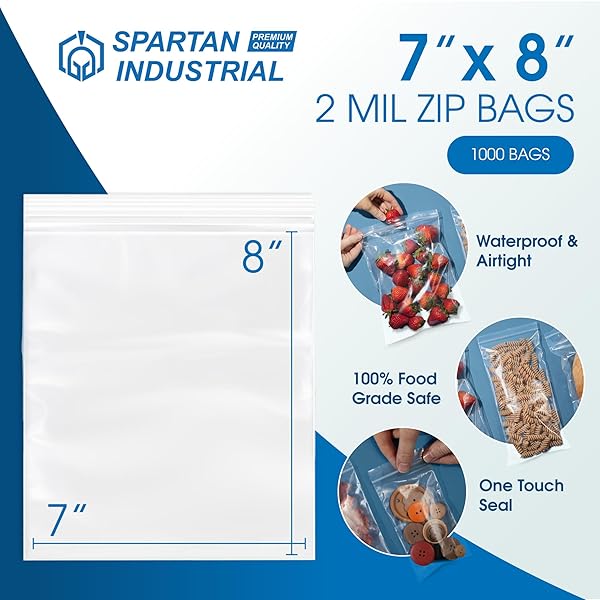 SPARTAN INDUSTRIAL – 7” X 8” (1000 COUNT) 2 MIL CLEAR RECLOSABLE ZIP PLASTIC POLY BAGS WITH RESEALABLE LOCK SEAL ZIPPER