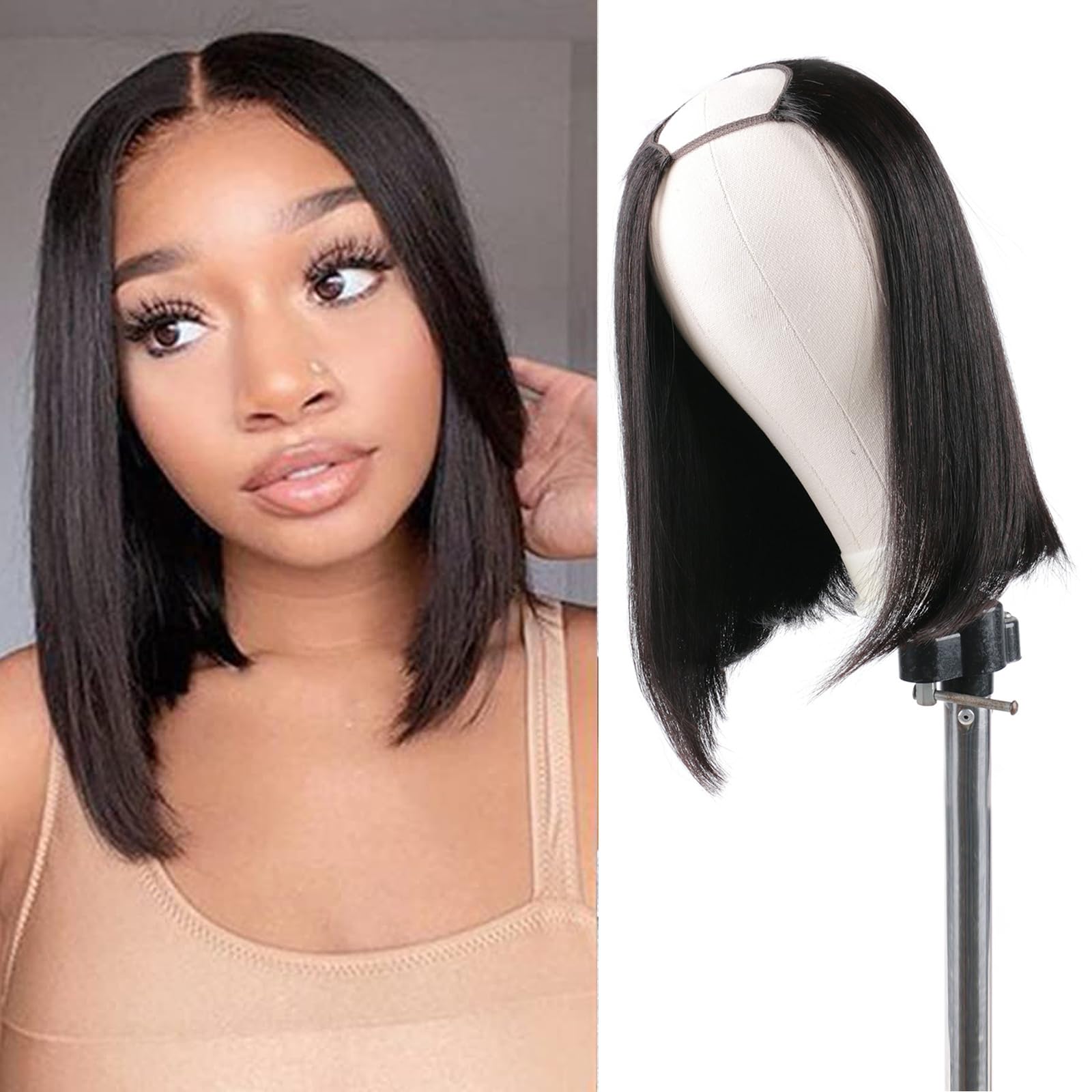 Huairisi U part Bob Wig Human Hair for Black Women, 12 inch Straight Hair Bob Wigs No Lace No Bangs, 8a Brazilian U Part Bob Human Hair Wigs with Clips in Extensions Natural Colour