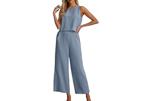 IWOLLENCE Women's Summer 2 Piece Outfits Set Round neck Sleeveless Tank Crop Top Wide Leg pants Set Pockets Jumpsuits