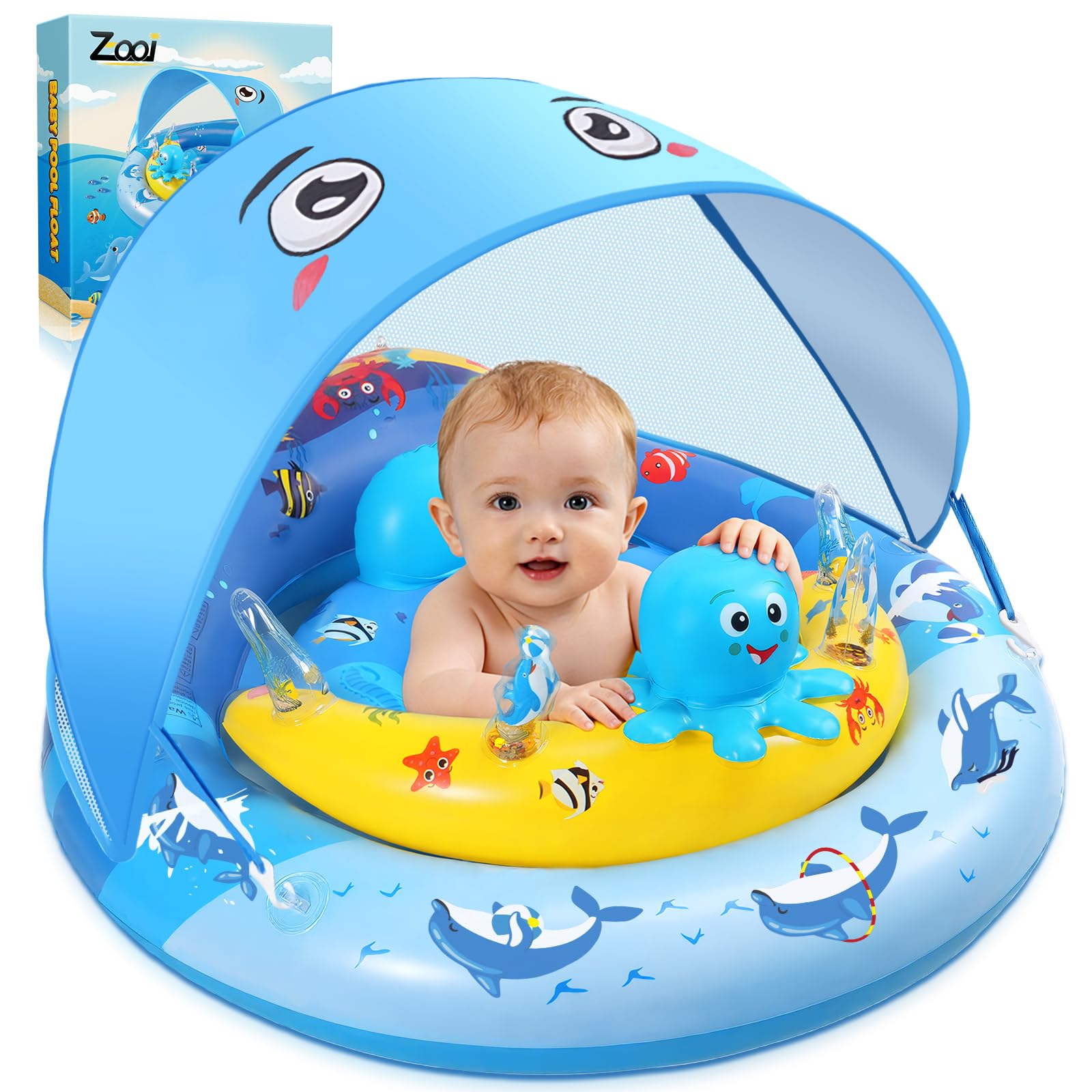 Baby Swimming Float, Baby Pool Float with Canopy, Baby Float 6-36 Months Toddler Children, UPF 50+ Sun Baby Swimming Ring Canopy Inflatables Swimming Toys, Baby Inflatable Seat Swimming