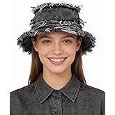 Frayed Bucket Hat Unisex Trendy Washed Denim Bucket Cap Distressed Jean Fisherman Cap Travel Floppy Boonie Sun Hats