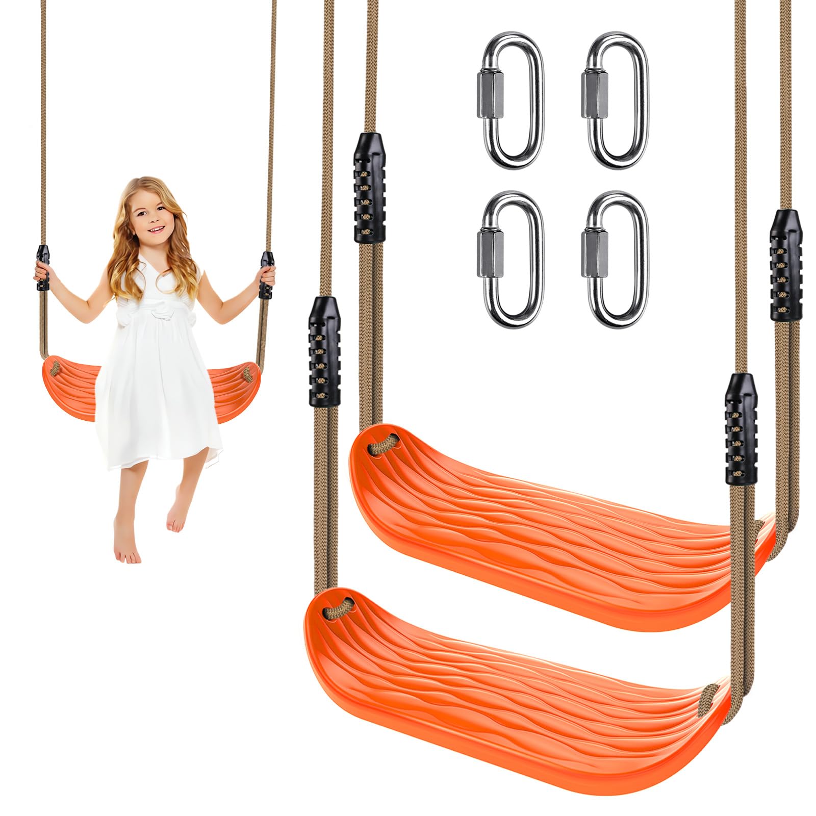 BeneLabel 2pcs Swing Seat, Kids Hard Plastic Swings Indoor/Outdoor Child Tree Swinging Board with Adjustable 130-200cm Rope for Baby/Teens, Orange Water Ripples / 250lbs