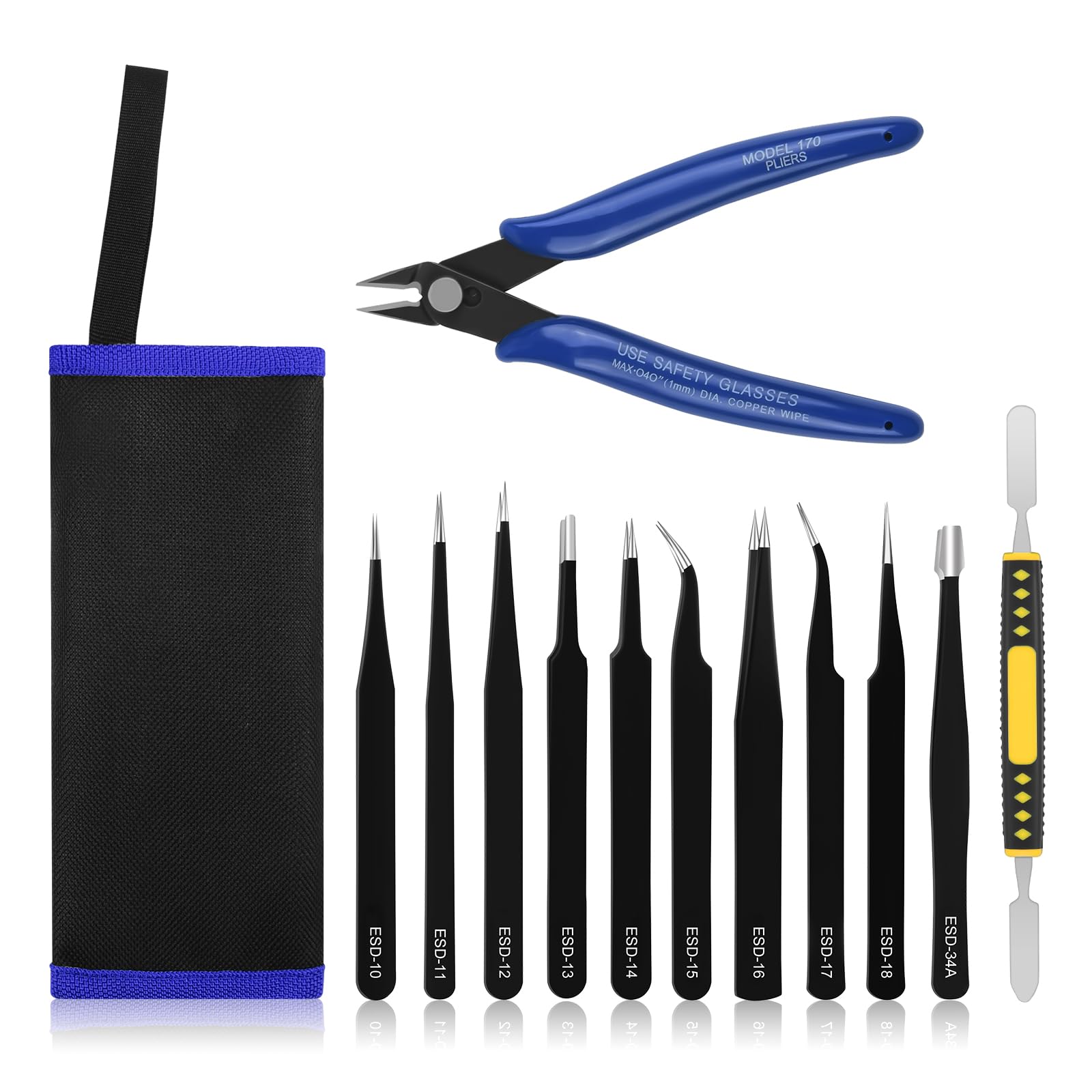 Ainiv Precision Tweezers Set, 11PCS Anti-Static ESD Tweezers Set with 1PCS Micro Wire Cutter for Modeling, Electronic Repair, Handicraft, Laboratory, Jewelry Manufacturing, Hobby etc