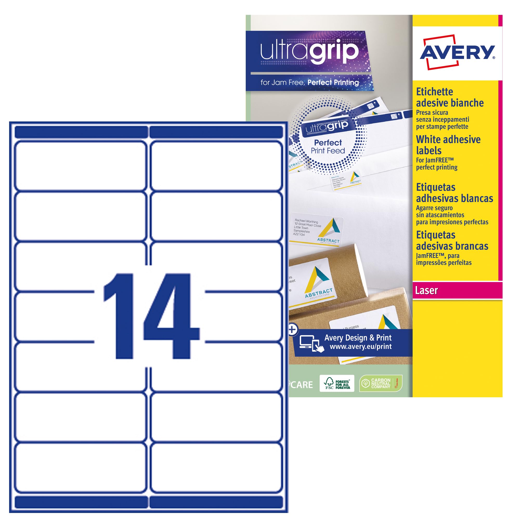 AVERY - 210 Custom White Self-Adhesive Address Labels - No Jam - Format 99.1 x 38.1 mm - Laser Printing