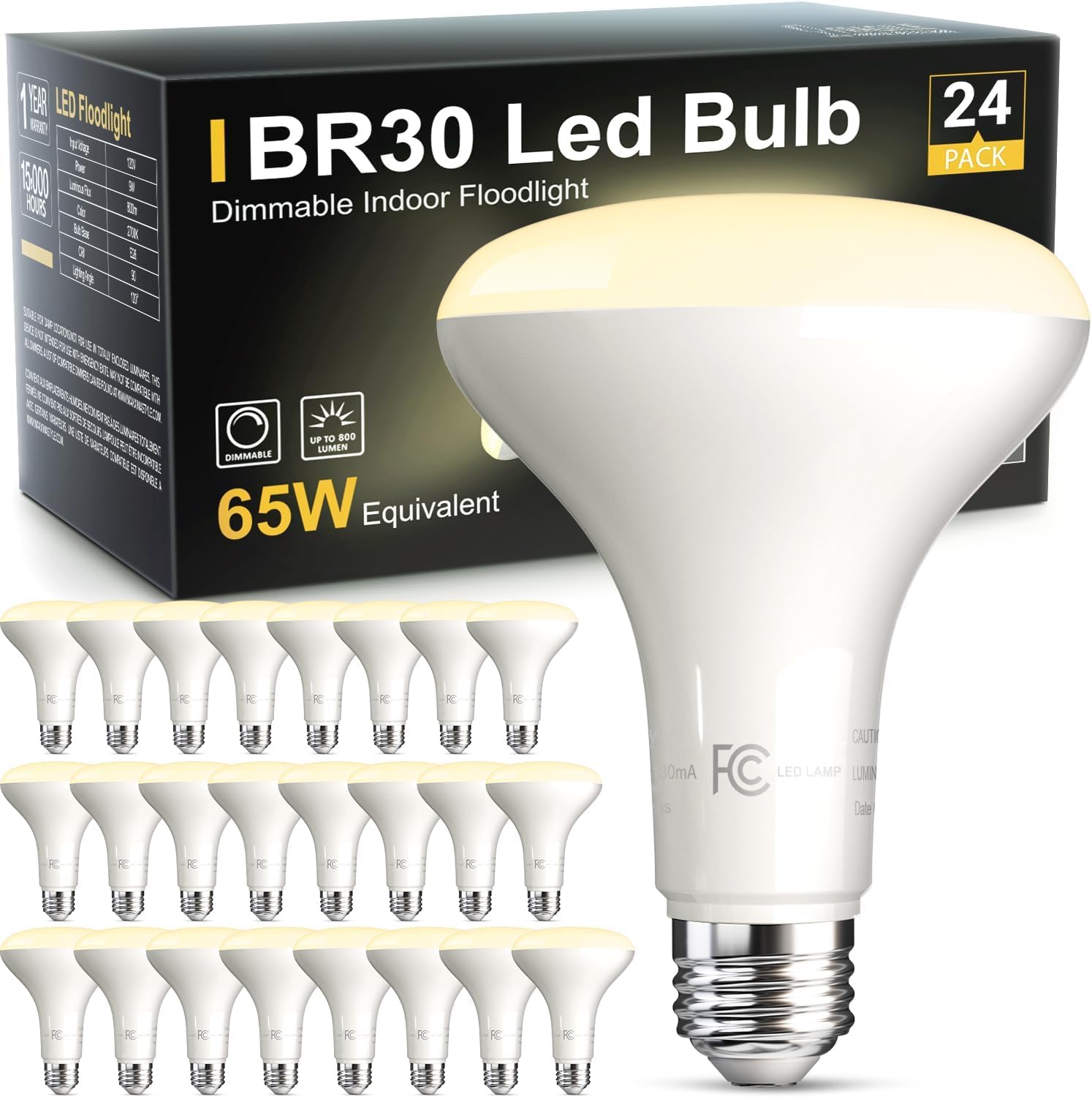 TJOY 24 Pack BR30 Led Bulb 65W Equivalent, Dimmable Flood Light Bulbs Indoor, E26 Base, 3000K Warm White, 9W, 800 LM, Recessed Lighting Bulbs for Ceiling, Recessed Can, Living Room and Kitchen Image