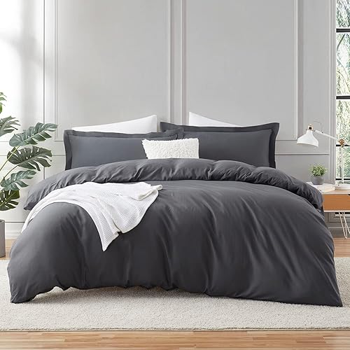 Hearth & Harbor Dark Grey Duvet Cover Queen Size - 3 Piece Queen Duvet Cover Set, Soft Double Brushed Queen Size Duvet Covers with Button Closure, 1 Duvet Cover 90x90 inches and 2 Pillow Shams