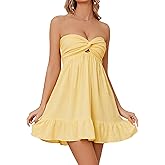 HOCANDY Womens Strapless Mini Dress Twist Knot Front Cut Out Babydoll Dress Smocked Backless Ruffle Hem Tube Dresses